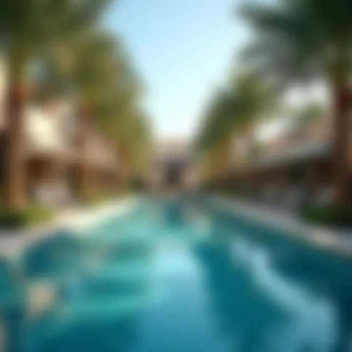 Outdoor swimming pool surrounded by palm trees in a Damac Hills residence