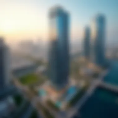 An aerial view demonstrating the strategic location of Al Attar Business Tower within Dubai