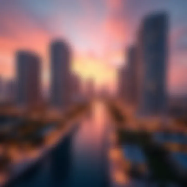 Stunning skyline view of Deira, showcasing modern apartments against a vibrant sunset.