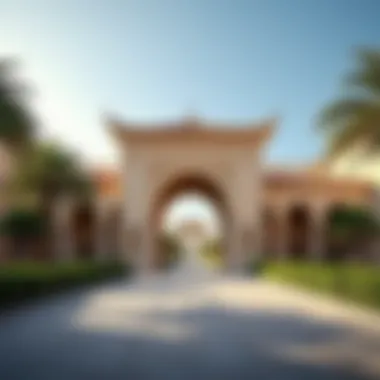 The entrance of Bur Dubai Station adorned with cultural motifs and vibrant landscaping