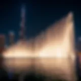 A stunning view of the Burj Khalifa fountain show with illuminated water jets