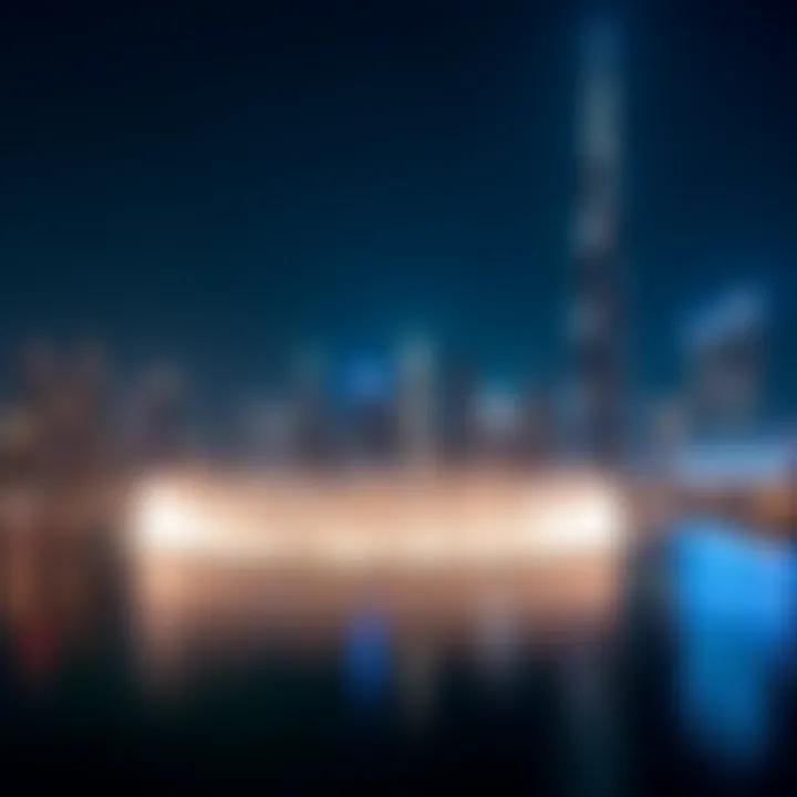 Nighttime skyline of Dubai featuring the Burj Khalifa and the fountain show