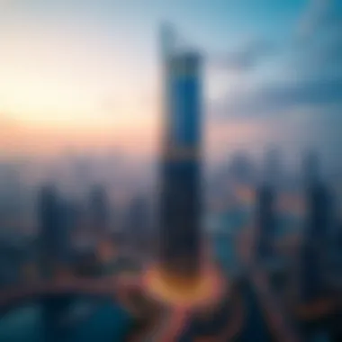 Aerial shot of Dubai's Central Tower surrounded by the vibrant cityscape.