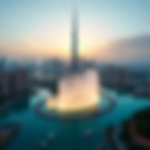 An aerial view of the Dancing Fountain with the Burj Khalifa in the background