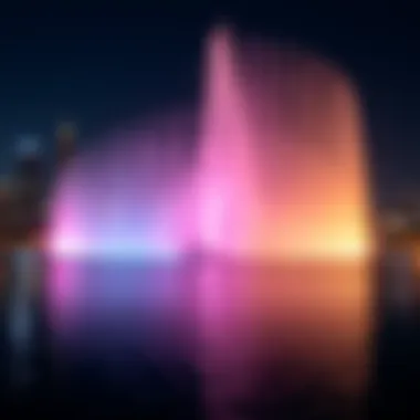 The illuminated Dancing Fountain at night showcasing vibrant colors