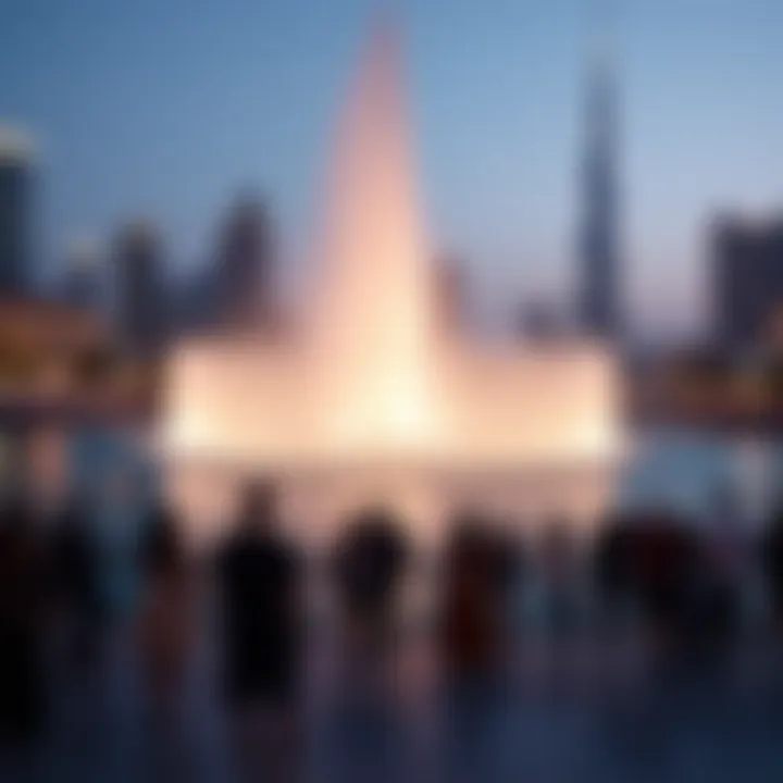 View of the Dancing Fountain from the promenade with spectators enjoying the show