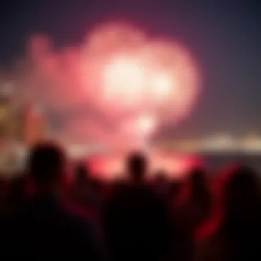 Festive Atmosphere: Revelers Watch the Fireworks Crowd enjoying the New Year's Eve fireworks display