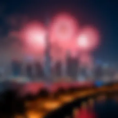 Dubai Skyline Transformed by New Year's Fireworks Stunning view of Dubai skyline illuminated by fireworks